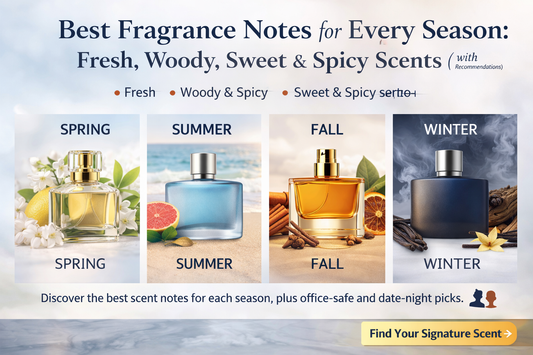 Best fragrance notes for every season banner showing spring, summer, fall, and winter scent profiles with fresh, woody, sweet, and spicy notes plus office-safe and date-night recommendations.