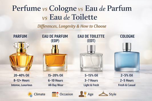 Perfume vs cologne infographic comparing parfum, eau de parfum (EDP), eau de toilette (EDT), and cologne with concentration, longevity, and how to choose the right fragrance.