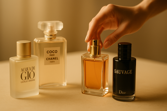 A hand selecting a perfume bottle next to popular designer fragrances: Giorgio Armani Acqua di Gio, Chanel Coco Mademoiselle, and Dior Sauvage.
