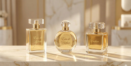 Three luxury glass perfume bottles labeled Eau de Toilette, Eau de Parfum, and Parfum arranged on a sunlit marble countertop.