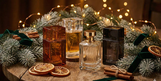 "A detailed photograph of luxury niche perfume bottles arranged on a rustic wooden table, surrounded by Christmas holiday decor including frosted pine branches, dried orange slices, cinnamon sticks, green velvet ribbons, and warm glowing fairy lights."