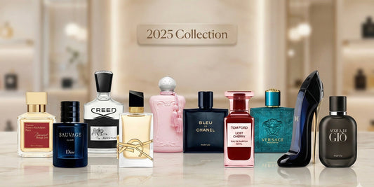 Top 10 best designer and niche perfumes of 2025 collection, including Baccarat Rouge 540, Dior Sauvage, Creed Aventus, YSL Libre, Delina, Bleu de Chanel, Tom Ford Lost Cherry, Versace Eros, Good Girl, and Acqua di Giò.