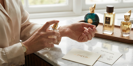 Applying luxury perfume to wrist next to a Scenclave skin type guide card on marble counter.