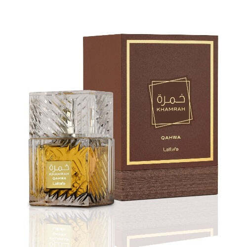 Lattafa Khamrah Qahwa Unisex Eau de Parfum 3.4 oz bottle and box packaging